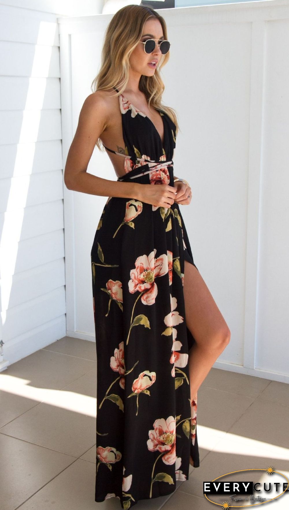 Summer Dress Women Floral Vestidos Mujeres Sexy Maxi Long Pleated Backless Robe Femme