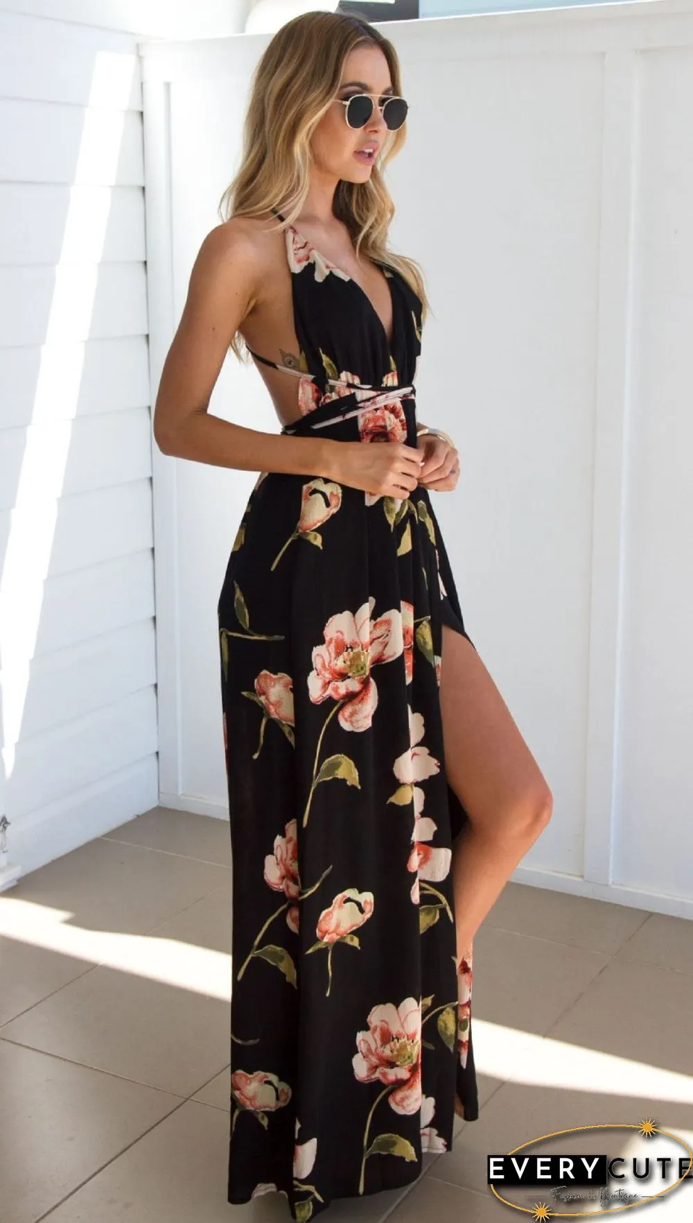 Summer Dress Women Floral Vestidos Mujeres Sexy Maxi Long Pleated Backless Robe Femme