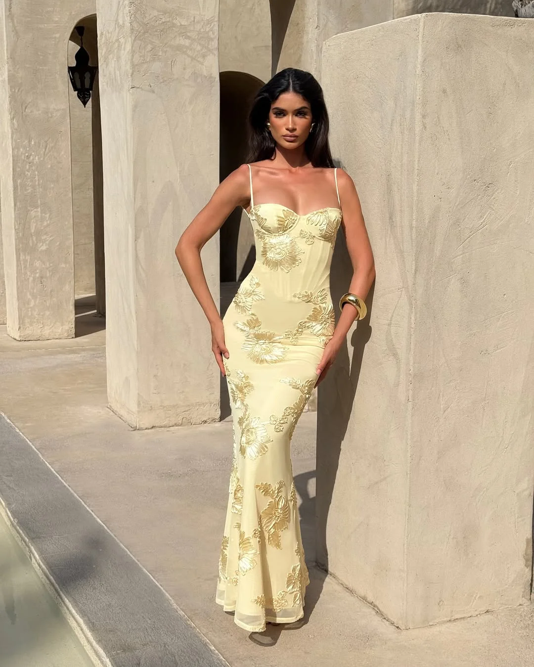 Elegant Light Yellow Spaghetti-Straps Embroidery Sleeveless Mermaid Prom Dress YK0252