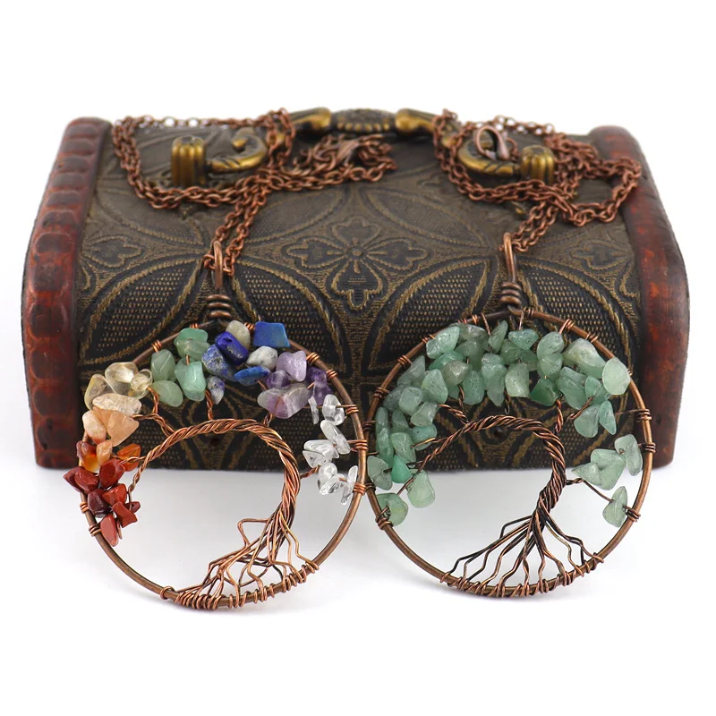 Natural stone crystal antique red copper curved tree of life curved tree necklace