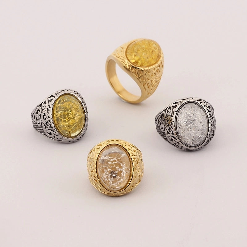 Jewelry Hip-Hop Oval 304 Stainless Steel Natural Stone 18K Gold Plated Inlay Rings