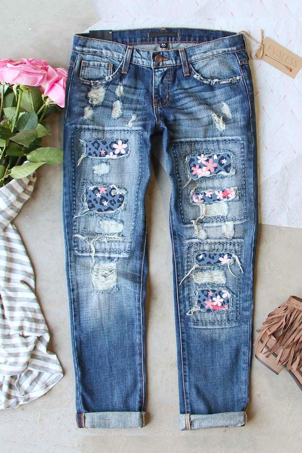 Cherry Blossom Parchwork Ripped Jeans