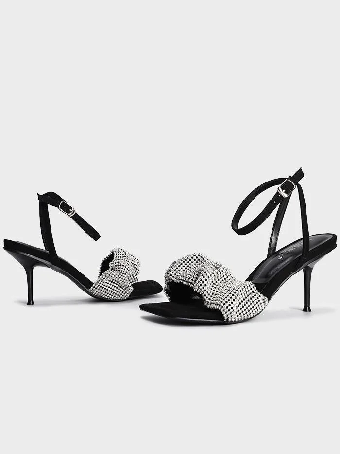 Fashion emotional square toe stiletto sandals with rhinestones