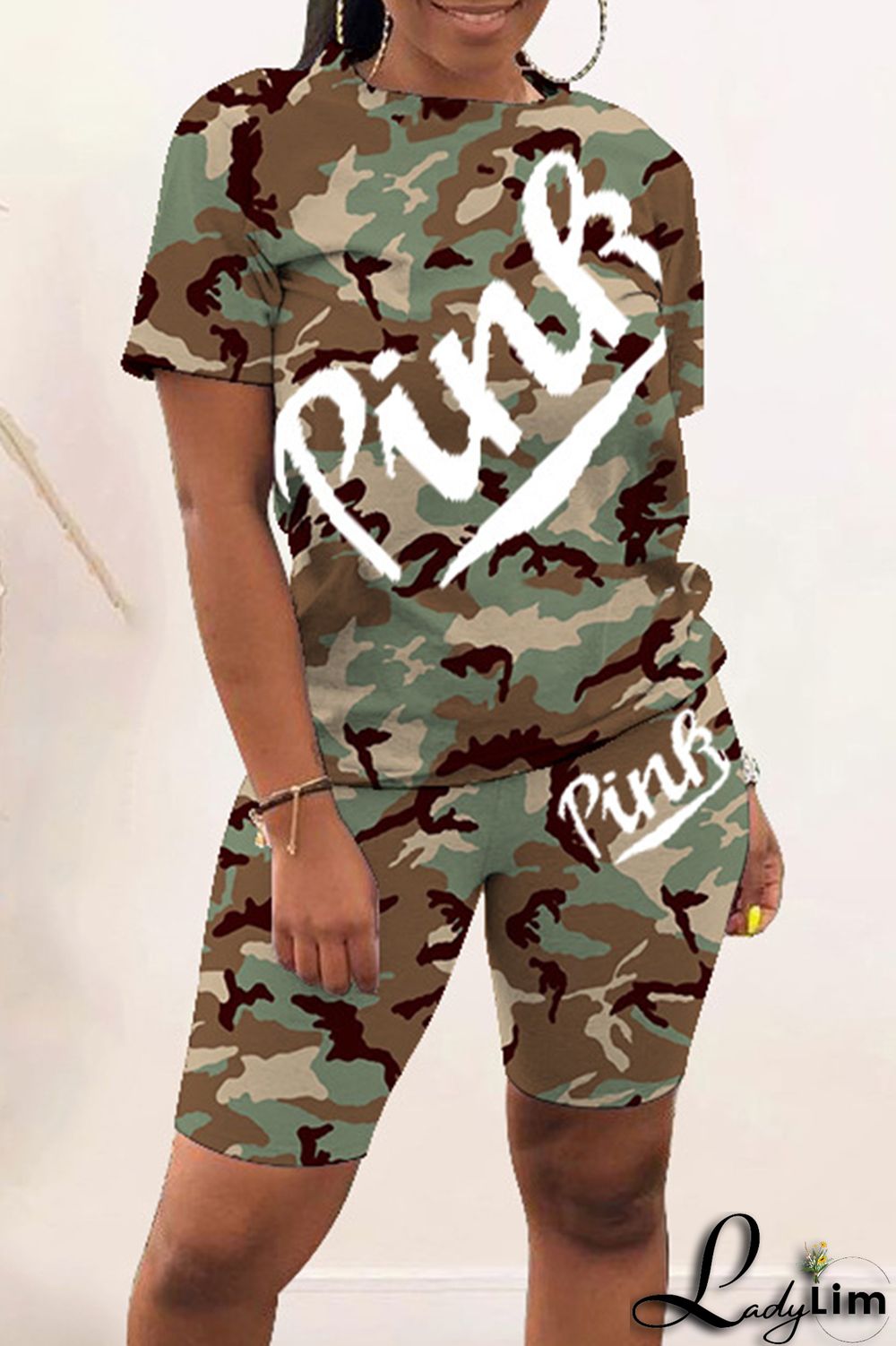 Red Fashion Casual Letter Camouflage Print Basic O Neck Short Sleeve Two Pieces