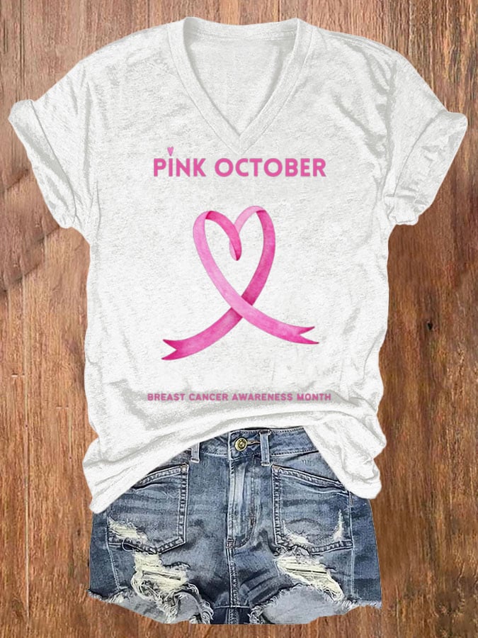 Women's Pi̇nk October Breast Cancer Awareness Month Print T-Shirt