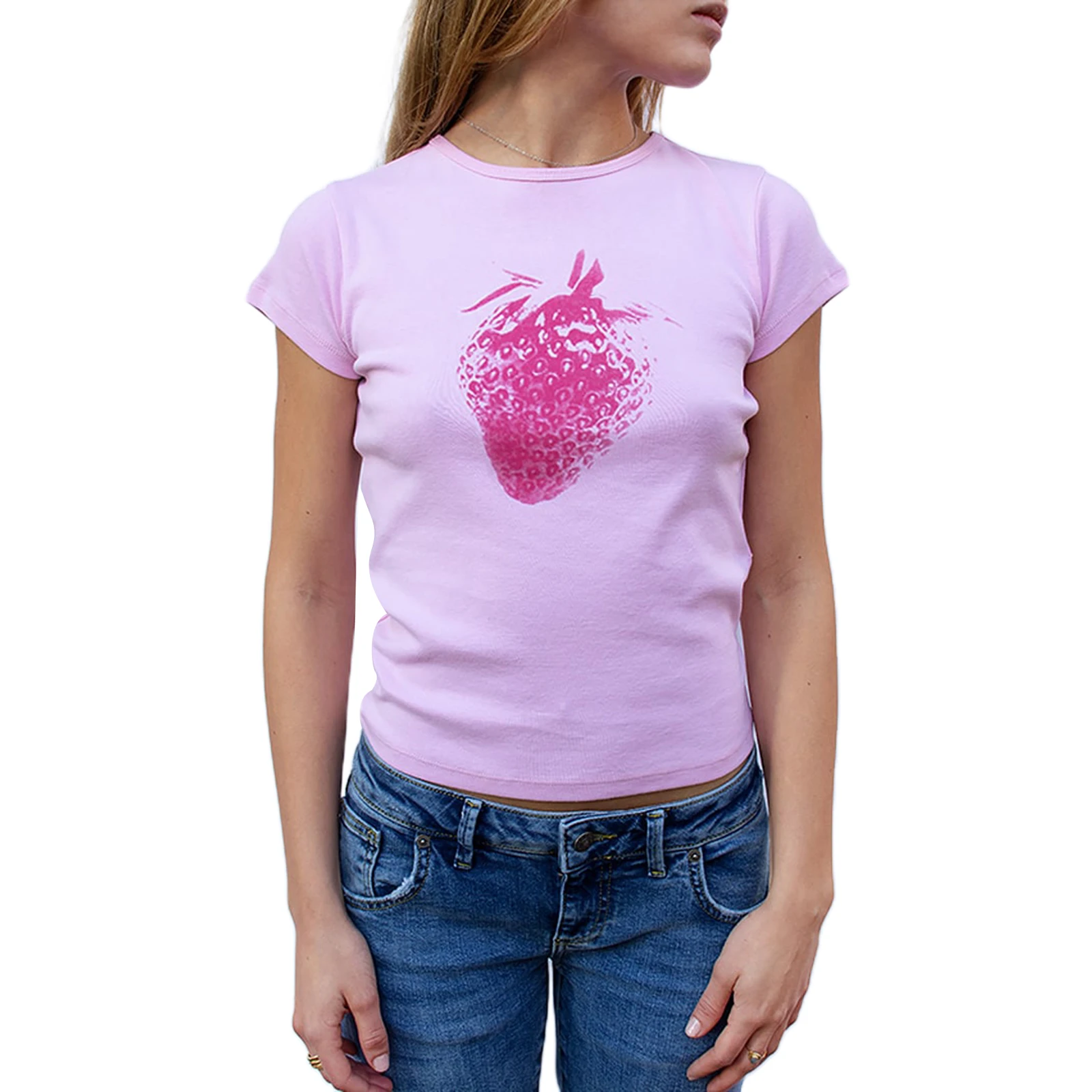 Crbang buisness casual women outfits chic Combhsaki Women's Y2K Aesthetic Short Sleeve T-Shirts Strawberry/Boots Print Round Neck Summer Casual Slim Fit Tops Streetwear