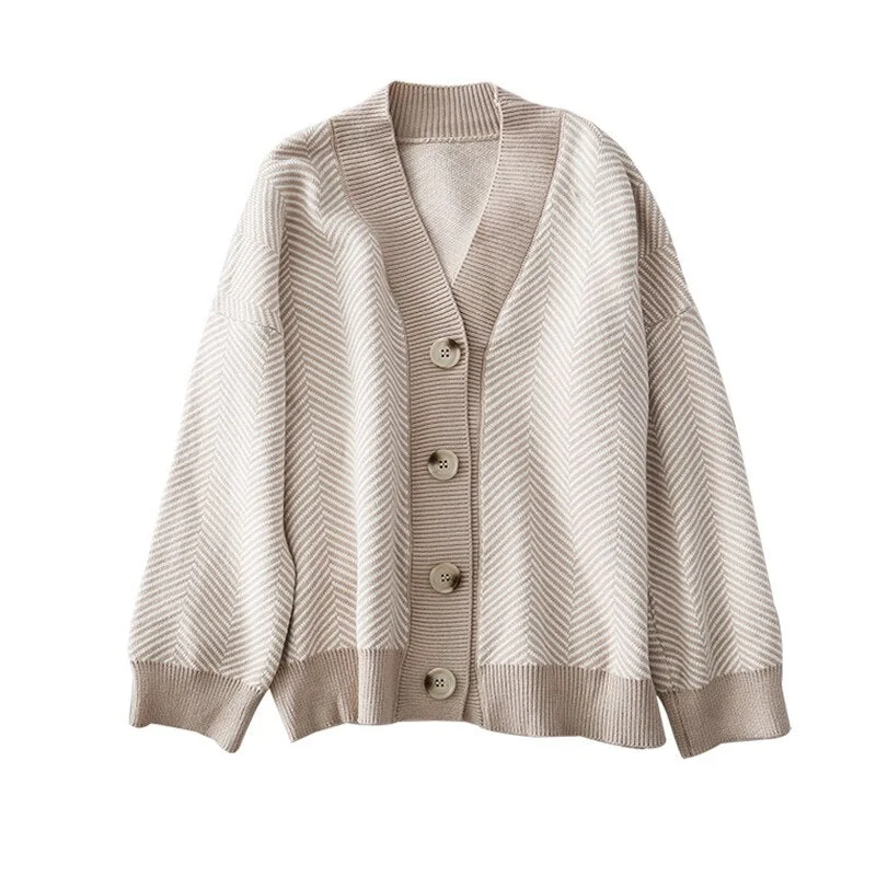 Knitted Cardigan Women Casual Oversize Striped Sweater Female Loose Cardigan Tops Button Up V Neck Patchwork Casaco Feminino