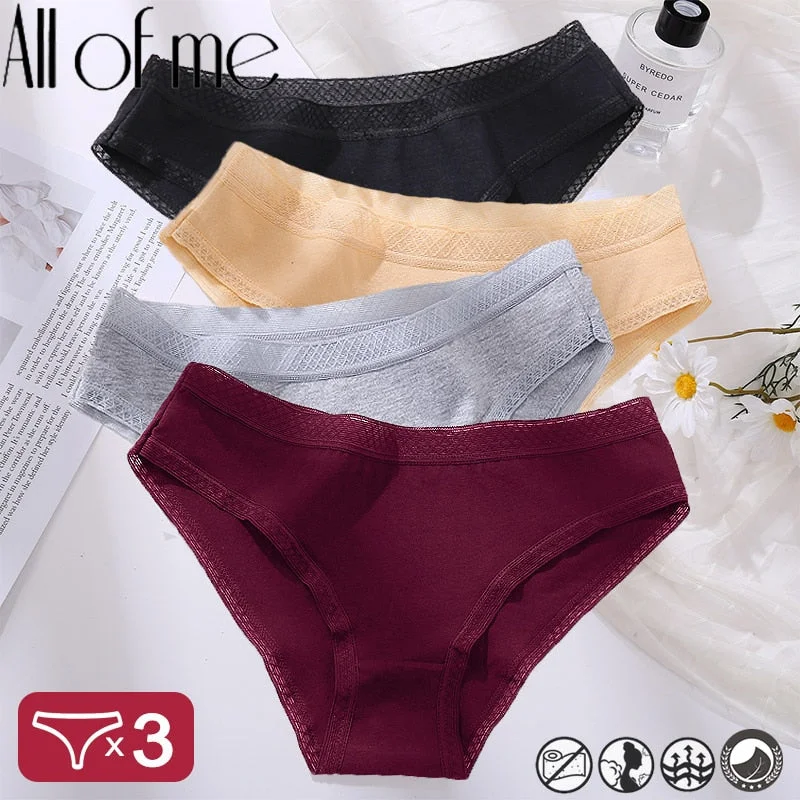 3PCS/Set Mesh Waistband Cotton Panties Women's Briefs Underwear Sexy Lingerie Panties Female Underpants Solid Color Girls Pantys