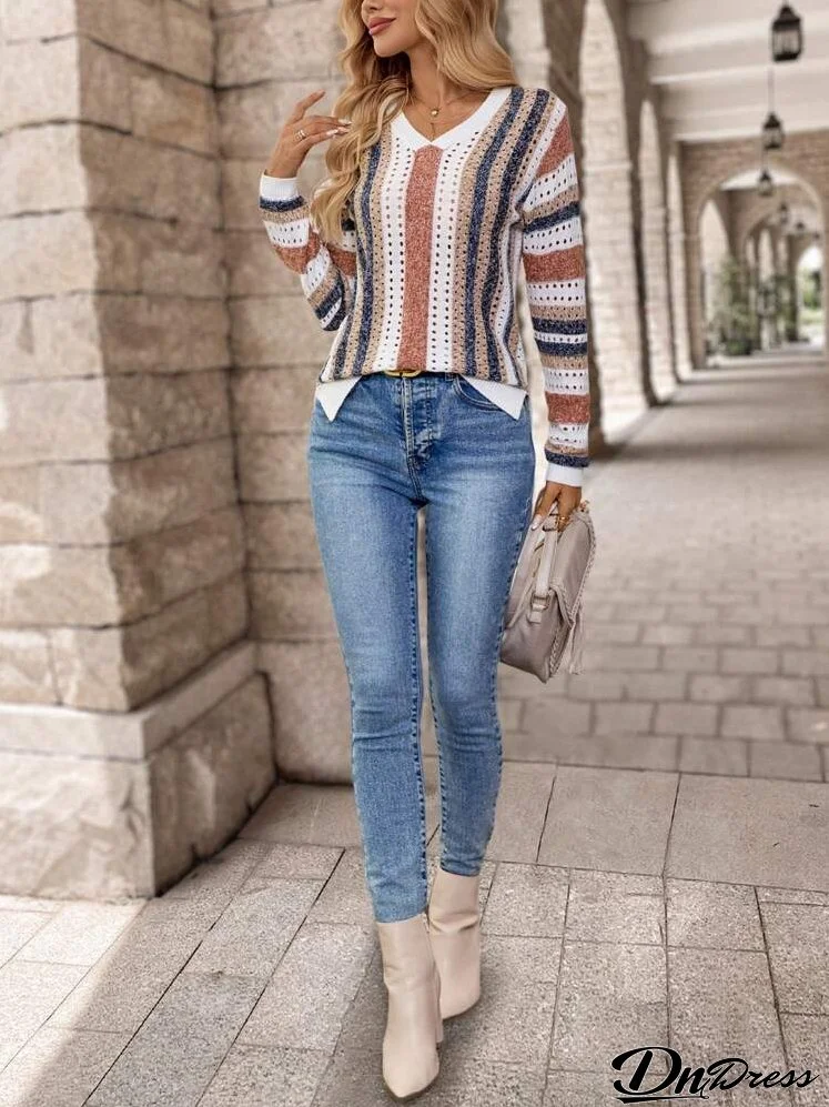 Women's Striped V-Neck Sweater With Hollow Out Design, Long Sleeve, Casual And Comfortable
