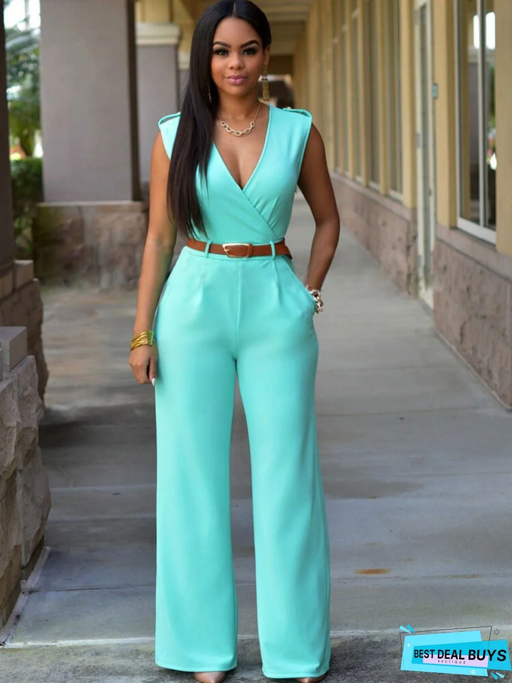 Sleevelesss V Neck Solid Wide Leg Jumpsuits