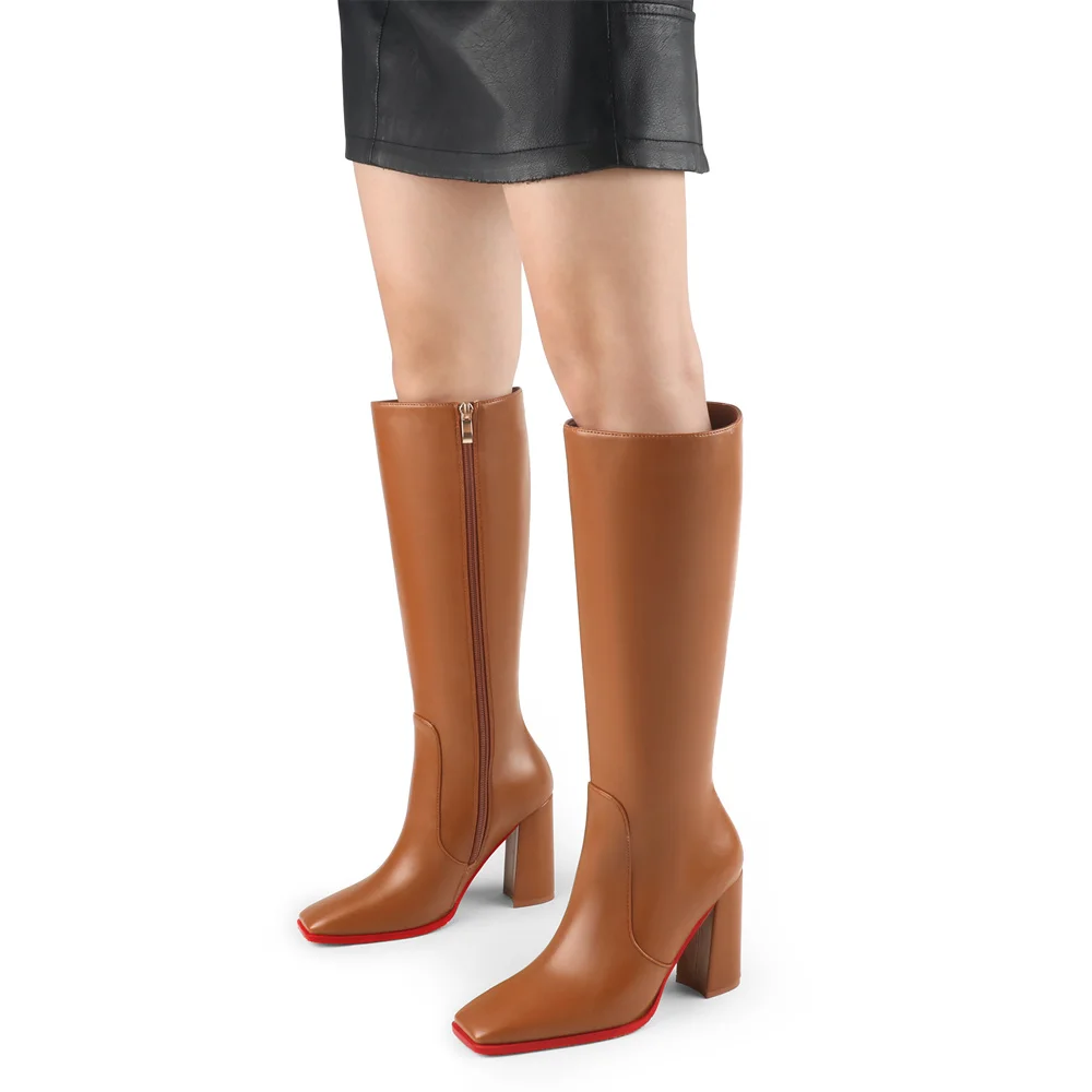 95mm Women's Knee Boots Red Bottom Block Chunky Heels Zipper Fashion Sexy Daily Matte Boot-MERUMOTE