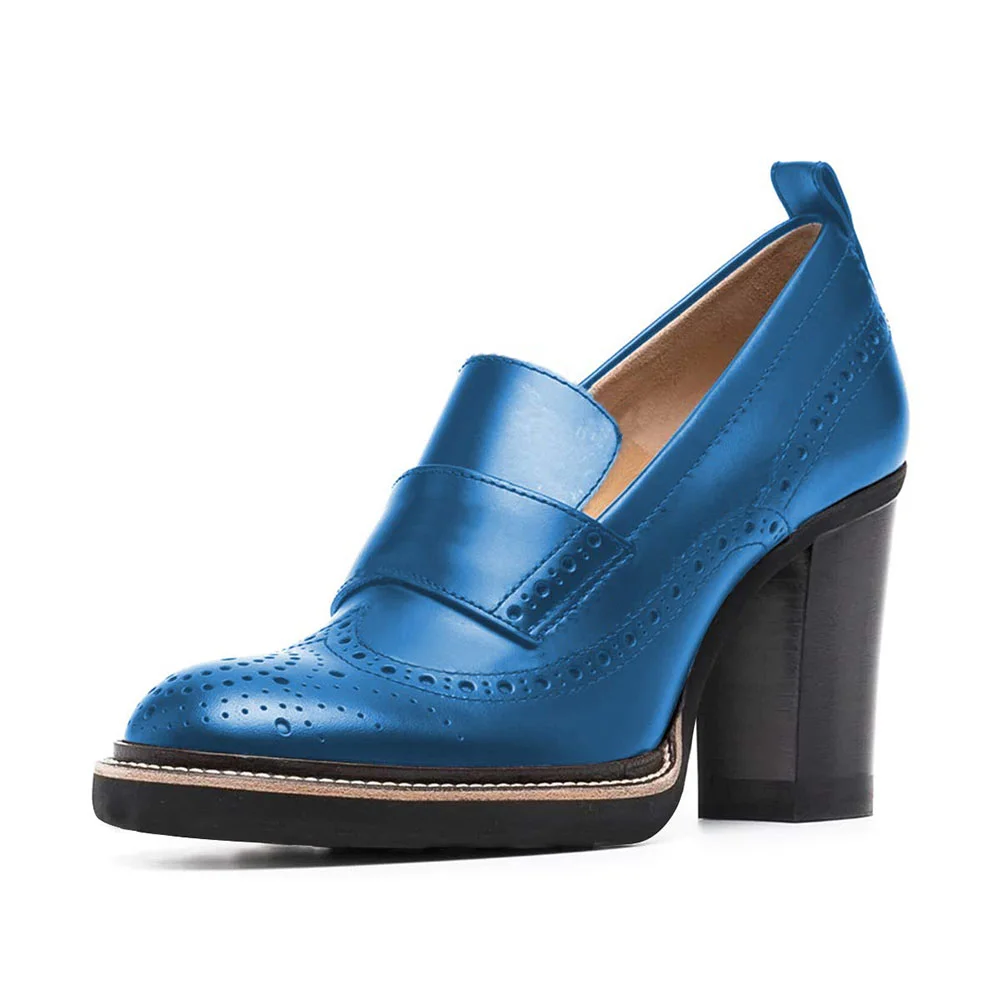 YDN Blue Round Toe Perforated Chunky Heel Loafer Shoes Women
