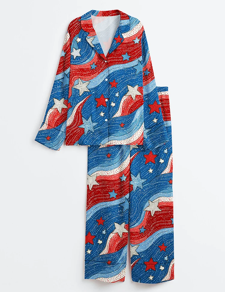 Women&rsquo;s Stars And Stripes Independence Day The 4th Of July Red White Blue Long Sleeve Satin Pajama Set
