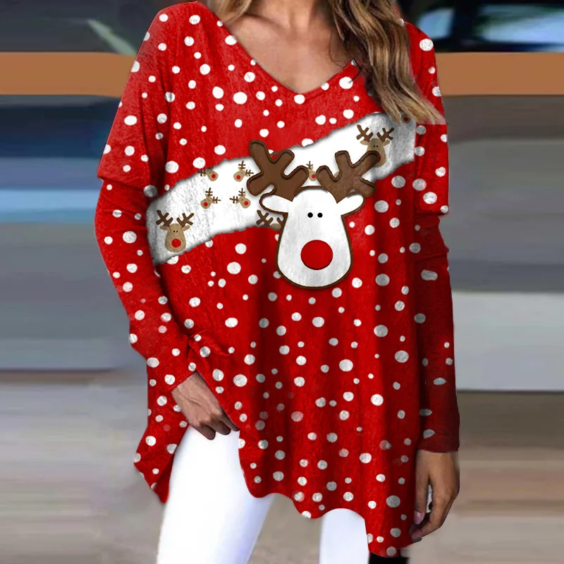 Polka Dot Cartoon Deer Print Casual V-neck Long Sleeve Tee