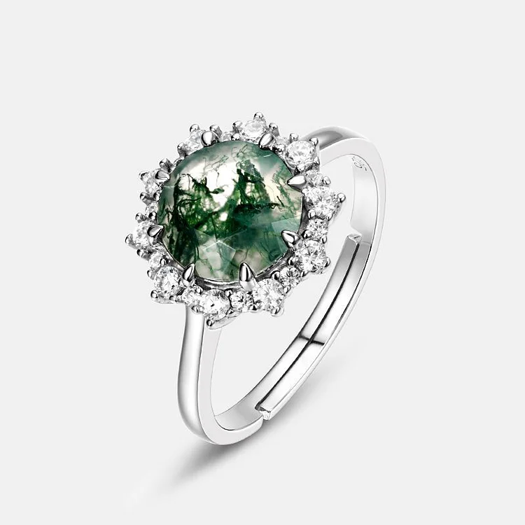 Sunflower Round Cut Green Moss Ring Aquatic Agate Engagement Ring