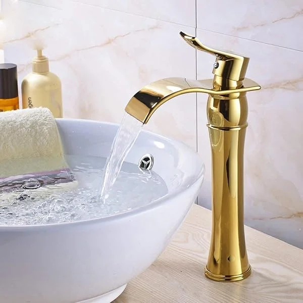 Single Handle One Hole Bathroom Vessel Sink Faucet Matching Pop Up Drain Without Overflow Gold Finish