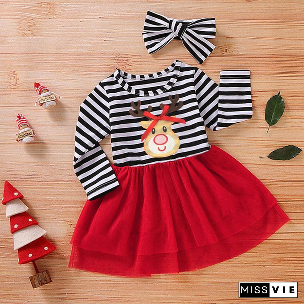 New Fashion Toddler Baby Girls Cute Christmas Santa Striped Print Tulle DressHeadband