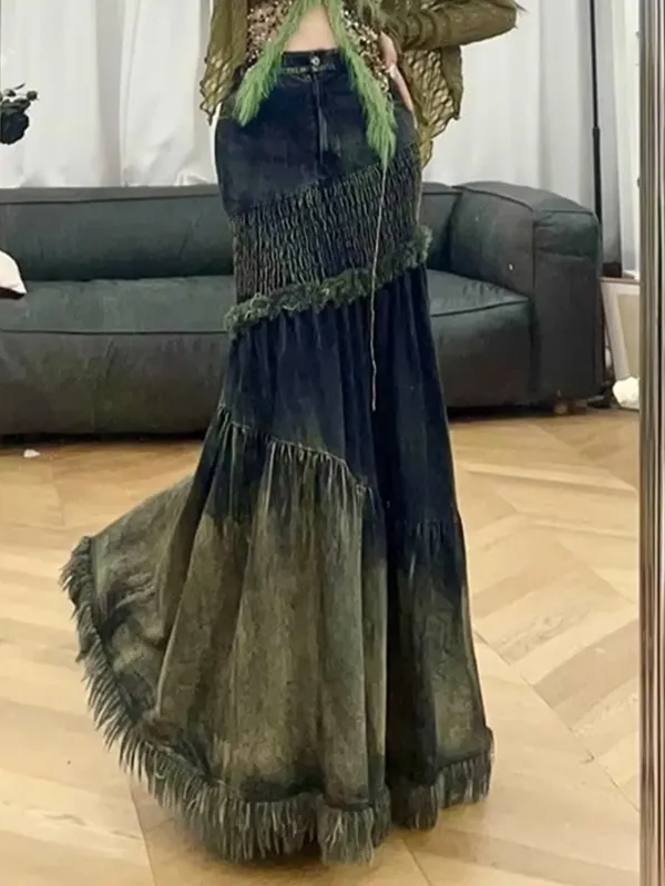 Vintage Denim Splice Smocked Mermaid Maxi Skirt