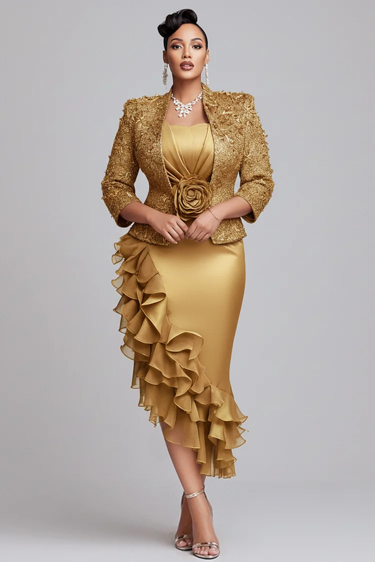 Xpluswear Design Plus Size Churchs Gold 3/4 Sleeve Ruffle Elegant 3D Two Piece Dress Set Gold-2XL/18-20 Xpluswear Design Plus Size Churchs Gold 3/4 Sleeve Ruffle Elegant 3D Two Piece Dress Set Gold-2XL/18-20