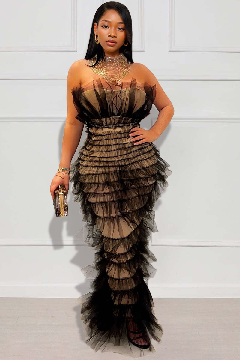 Loragal Strapless Tiered Ruffle Cinch Waist Evening Gown Party Maxi