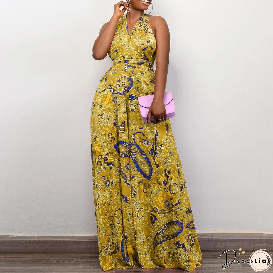 Plus Size Women African Print Halter Neck Beach Jumpsuit