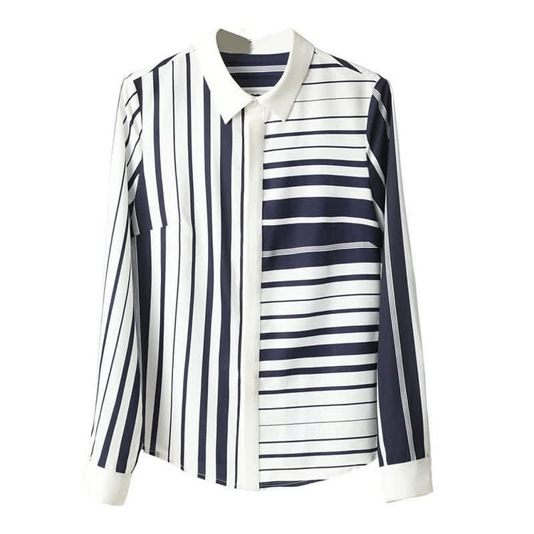 Coloblock Stripe Lapel Long Sleeve Shirt Workwear - Modakawa modakawa