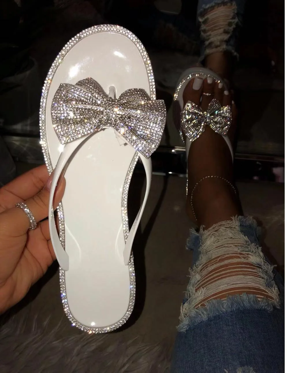 2020 New Women Bow Flip-Flops Flash Drilling Sequins Slippers Beach Flats Rain Jelly House Shoes Woman Slides Zapatos De Mujer