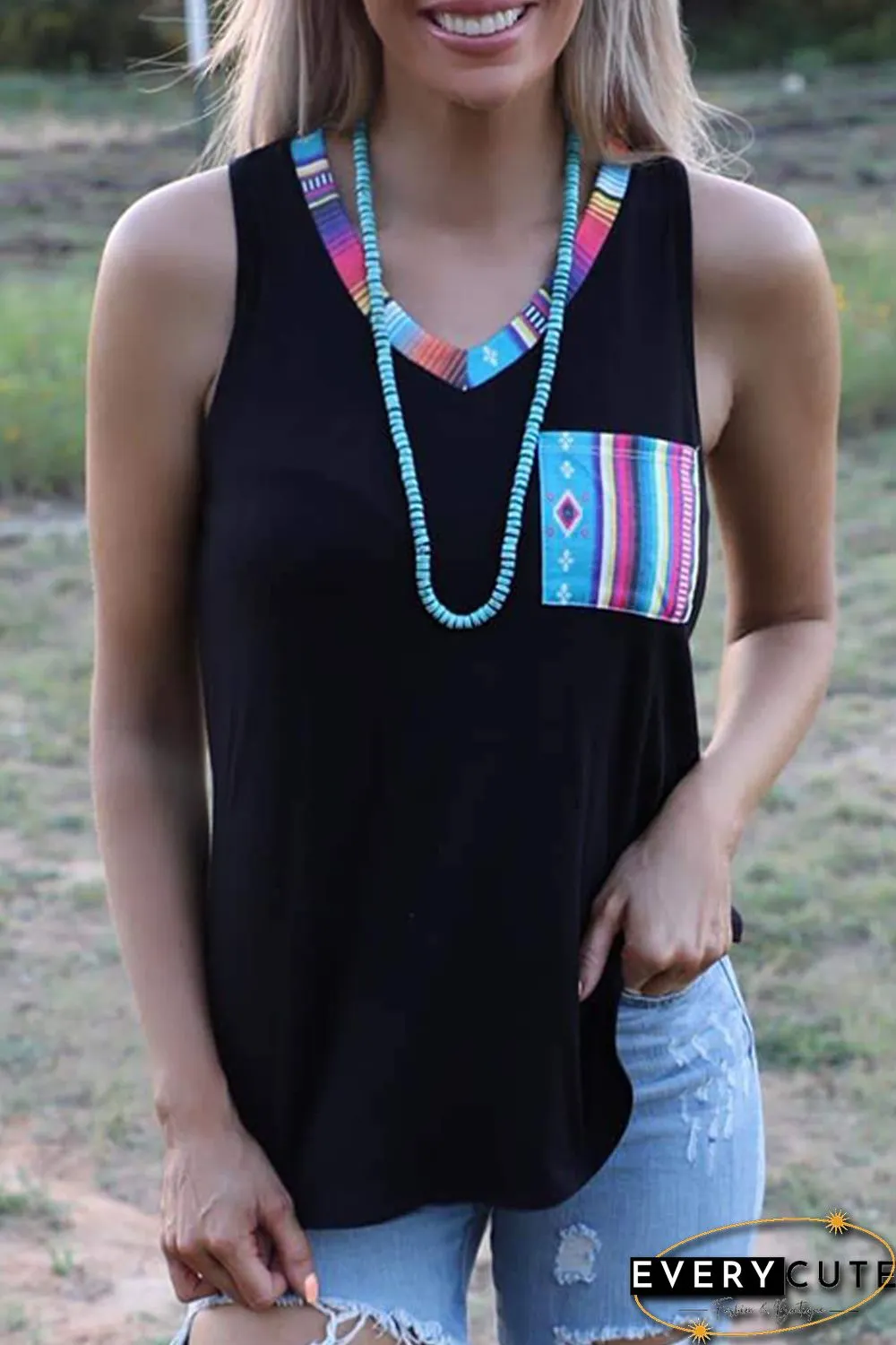 Tribal Patchwork V-neck Tank Top
