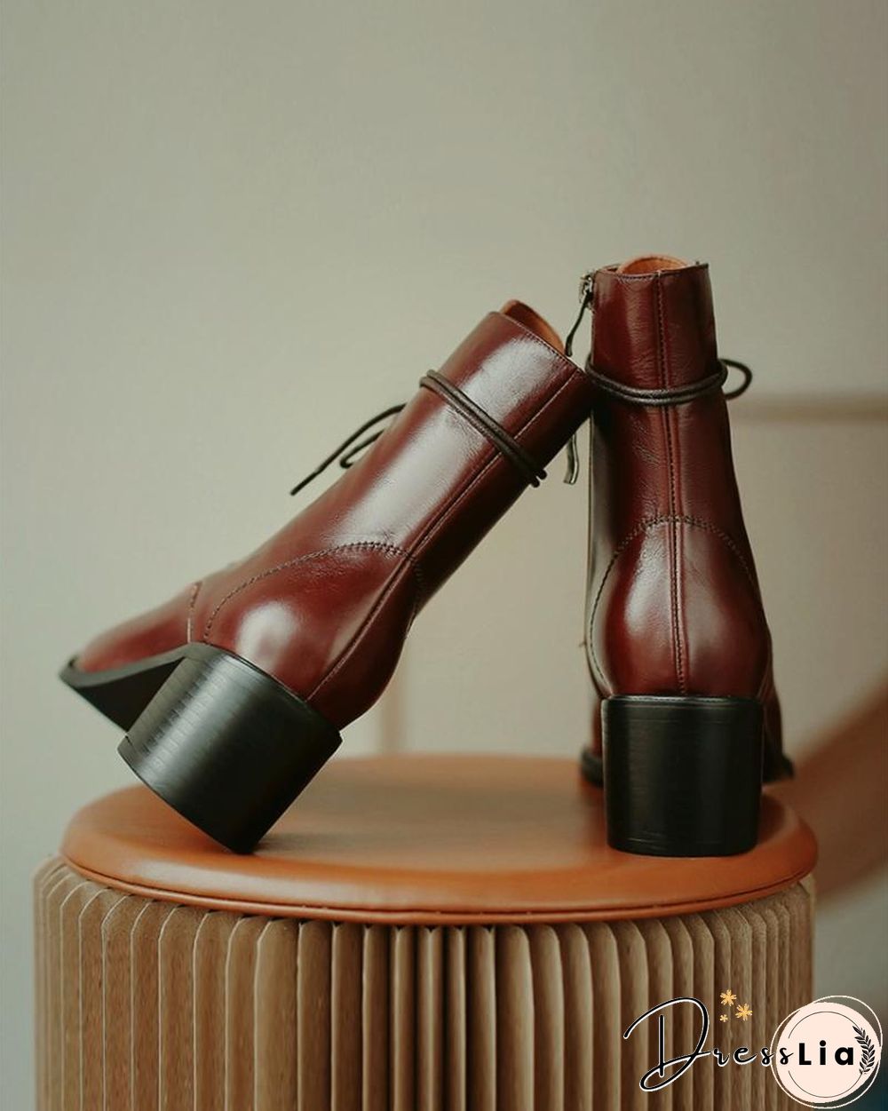 Pointed-toe Solid Color Lace-up Martin Boots