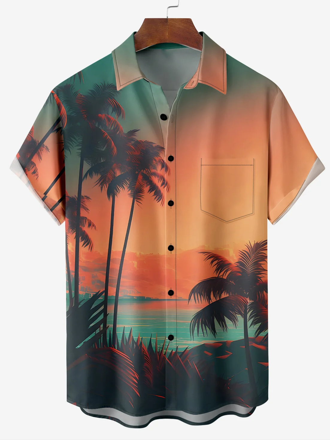 Sunset Coconut Tree Chest Pocket Hawaiian Shirt