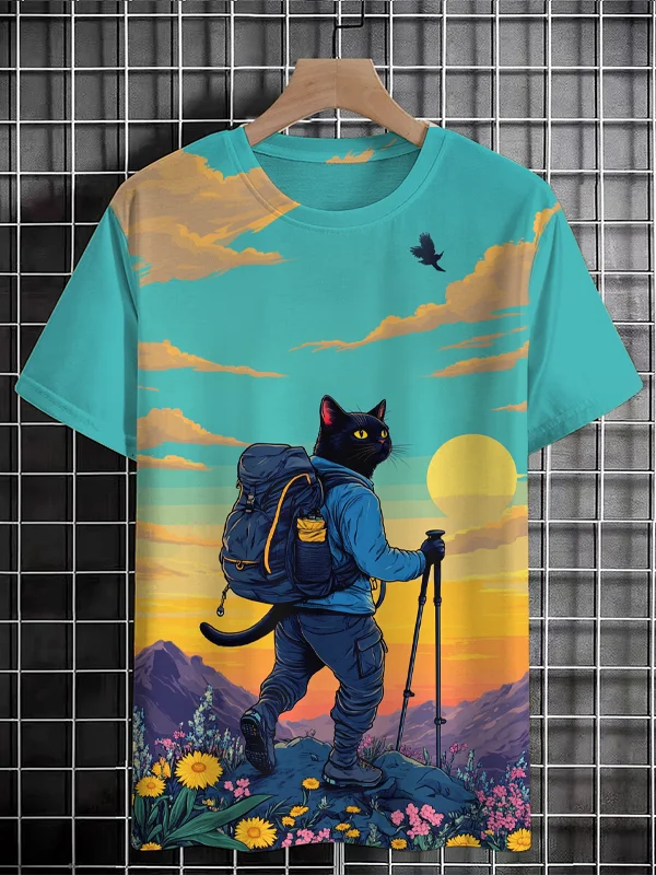 Men's Cat Mountain Hiking Print Casual T-Shirt