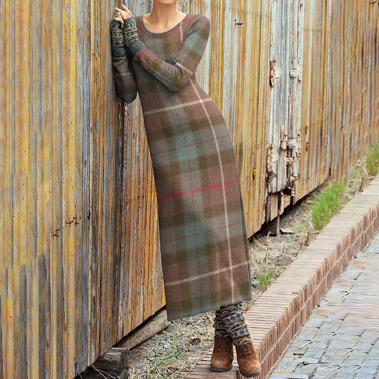 Comstylish Vintage Scotland Plaid Crew Neck Casual Wool Midi Dress