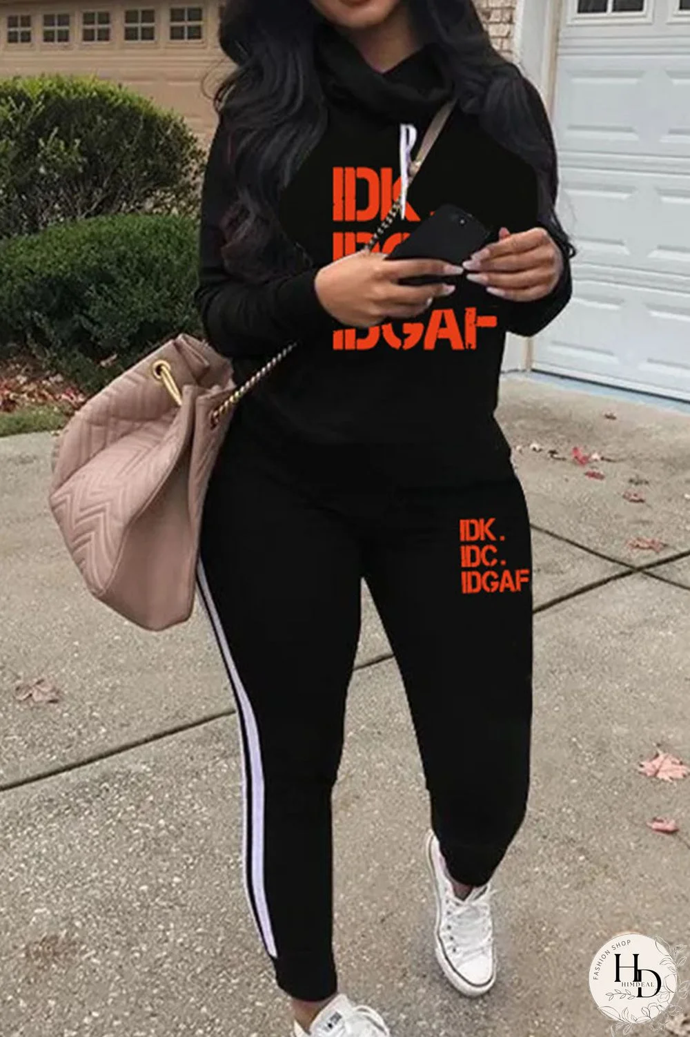 Black Casual Print Patchwork Turtleneck Plus Size Two Pieces