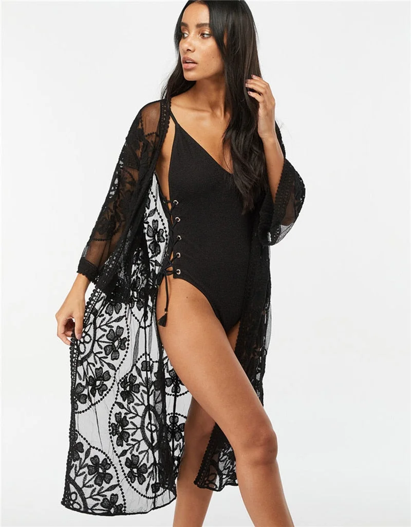 Fitshinling Flower Lace Beach Cover Up Swimwear Kimono Flare Sleeve See Through Long Cardigan Bikini Outer Cover Sexy Cover-Ups