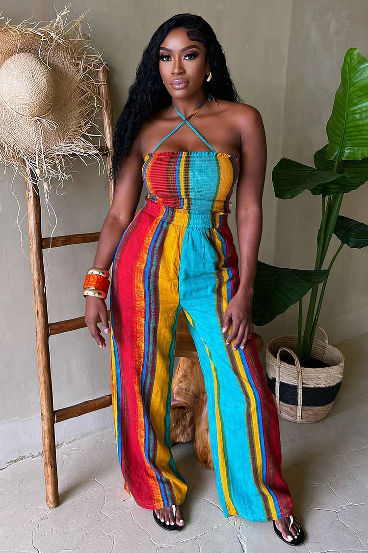 Cross Halter Backless Ruched Colorblock Striped Vacation Wide Leg Jumpsuit-Multicolor [Pre Order]