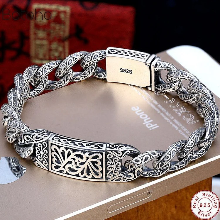 925 Silver Embossed Auspicious Pattern Custom Roman Vintage Bracelet