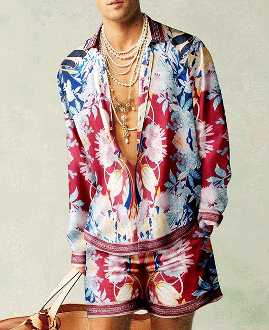 Casual Floral Long Sleeve Button Shirt & Shorts 2Pcs Set 