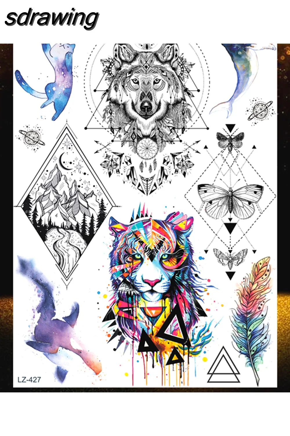 sdrawing Wolf Forest Temporary Tattoos For Children Tiger Geometric Fake Tatoos Mountain Triangle Elk Tatoo Sticker Body Art