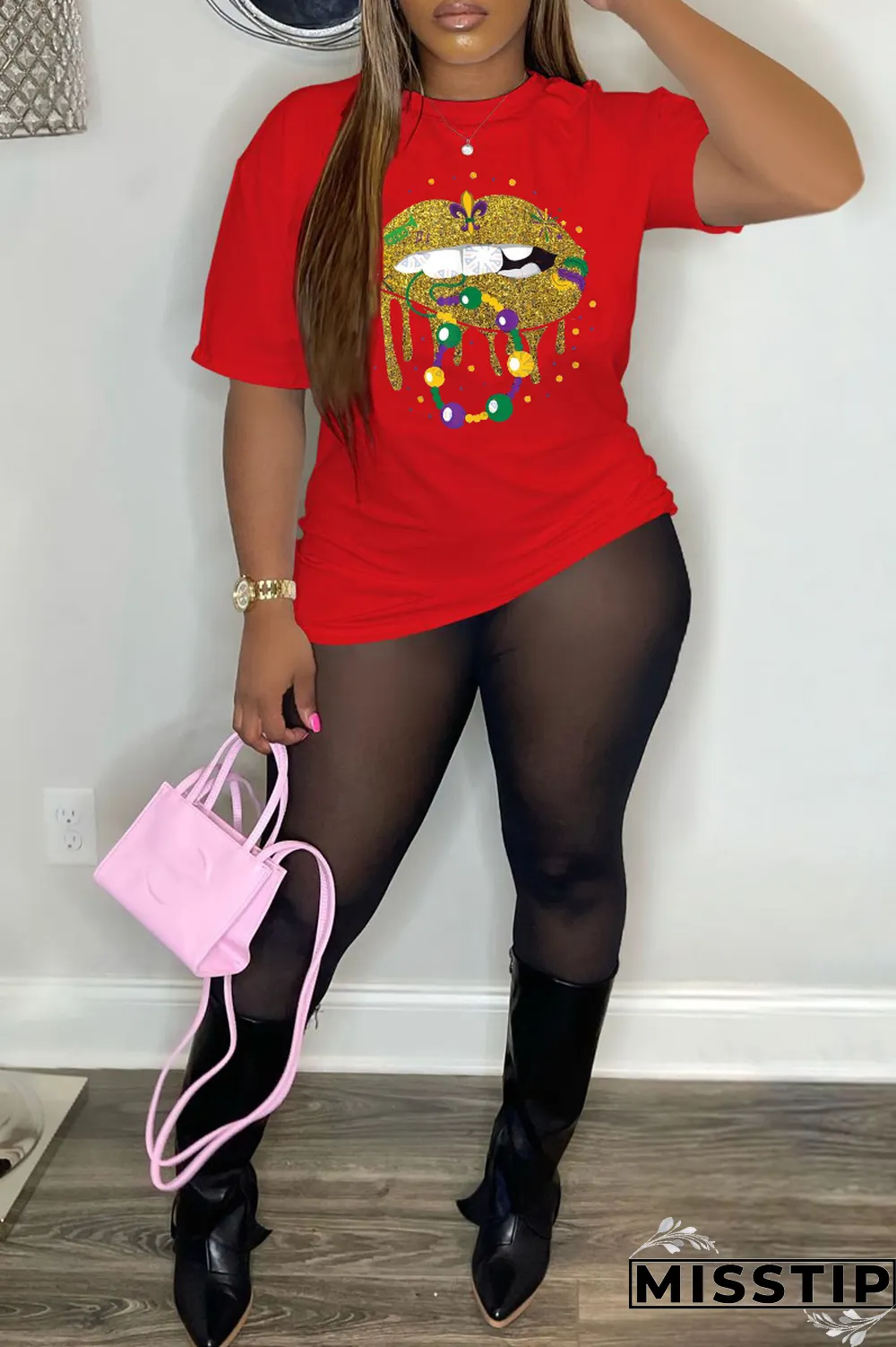 Red Party Vintage Lips Printed Patchwork O Neck T-Shirts