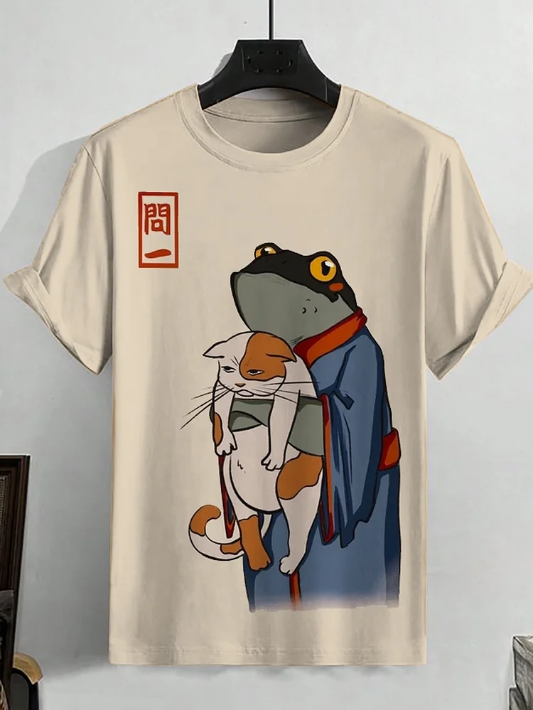 Men's Retro Japan Frog In Kimono And Unhappy Cat Print Tee