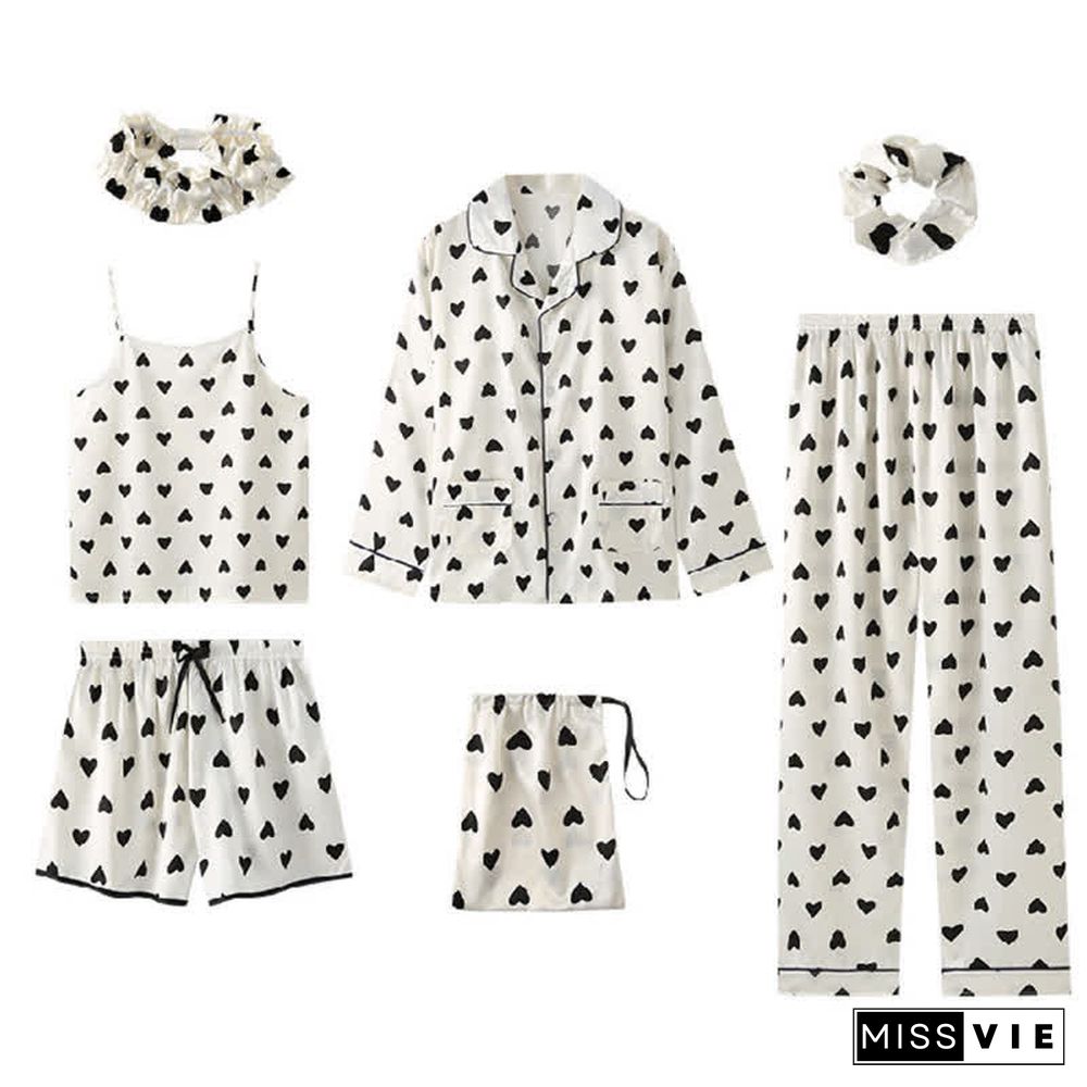 Love Heart Bow Knot Print Silk Pajamas Seven Pieces Set