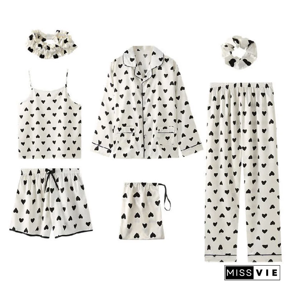 Love Heart Bow Knot Print Silk Pajamas Seven Pieces Set