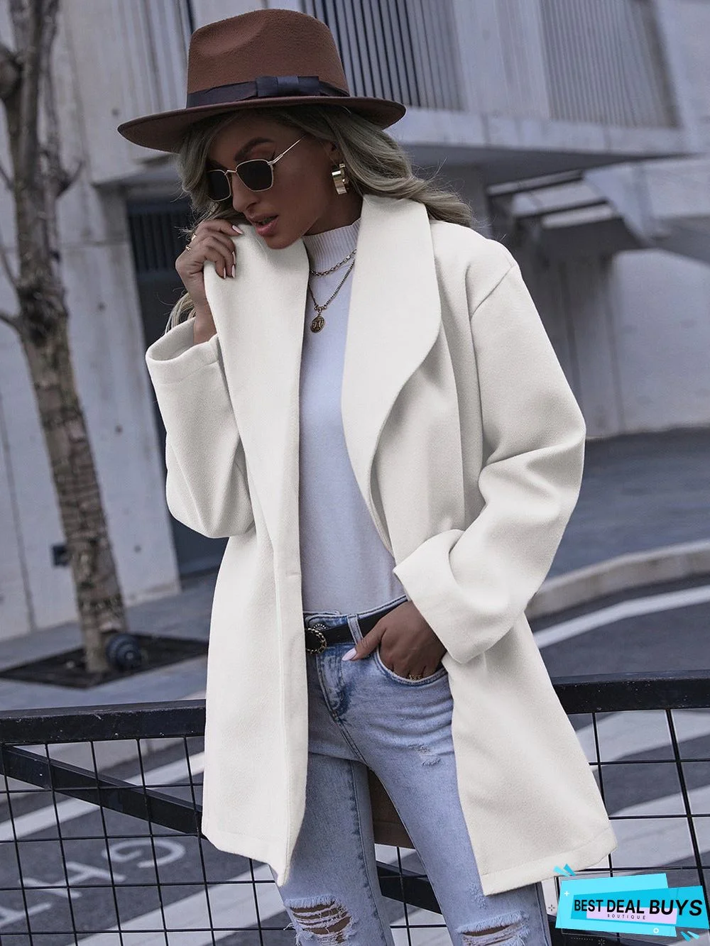 Solid Color Double Pocket Loose Woolen Coat
