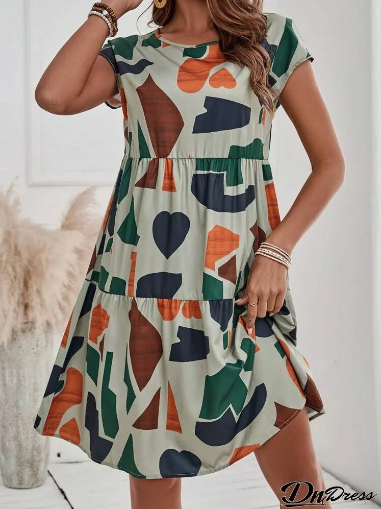 Women's Summer Geometric Pattern Print Round Neck Short-Sleeve Dress