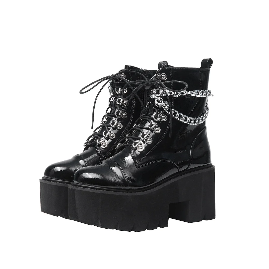 Women Gothic Ankle Boots Zip Punk Style Platform Shoes Goth Winter Lace-up Booties Chunky Heel Sexy Chain 2020 Dropshipping