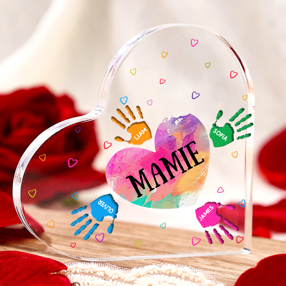 À ma Maman/Mamie - Plaque Acrylique Mains et Enfants en Forme de Cœur 5 Prénoms Personnalisés