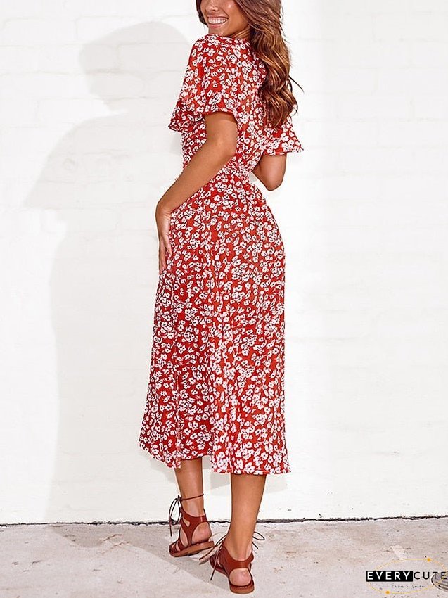 Casual Dress Wrap Line Floral Ditsy Lace Split Neck Midi Fashion Streetwear Outdoor Daily