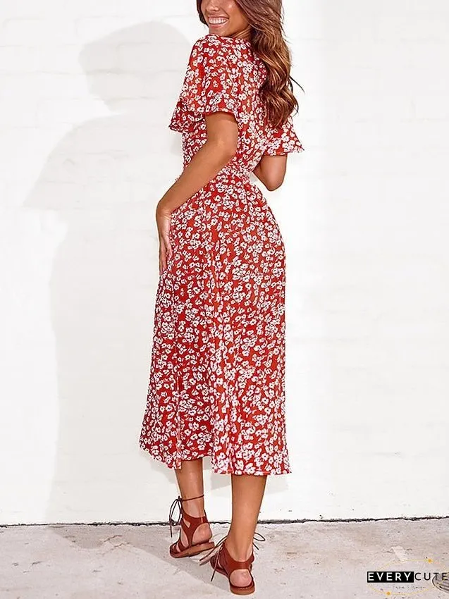 Casual Dress Wrap Line Floral Ditsy Lace Split Neck Midi Fashion Streetwear Outdoor Daily