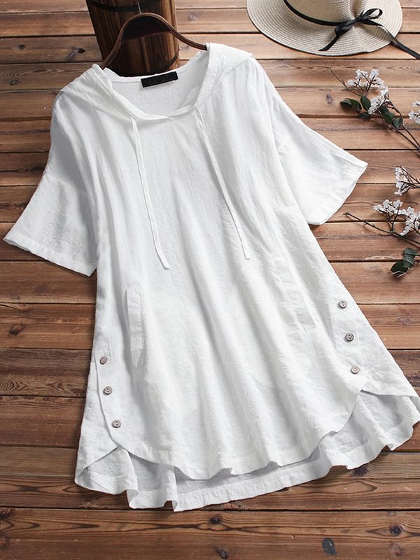 Cotton Blend Short-Sleeve Hooded Tunic