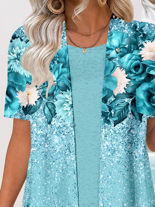 Women Short Sleeve V-neck Floral Printed Graphic Two-Pieced Cardigan Tops